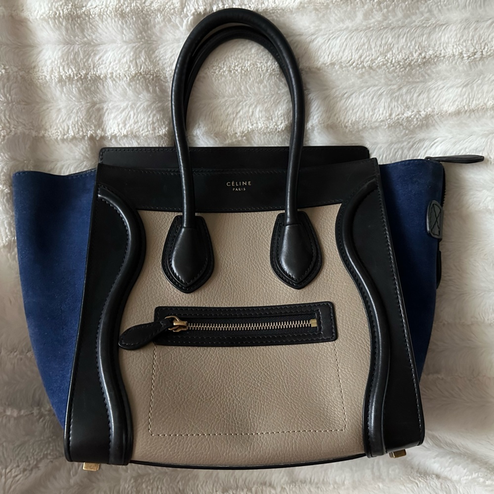 CELINE Tri-Color, Tan Calfskin Leather, Blue Suede, Black Trim, Luggage Tote Bag